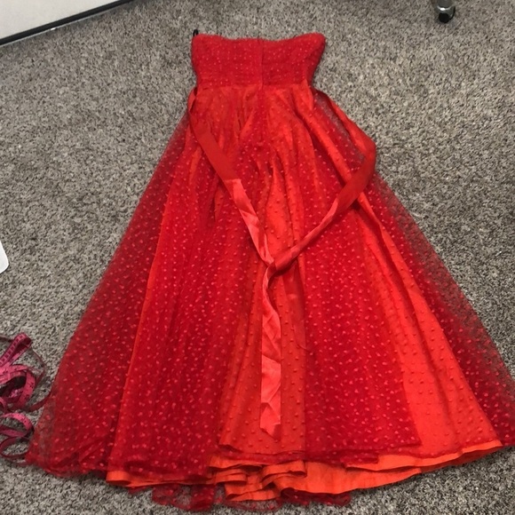 Vintage Formal Maxi Dress Size XS Red Swiss Dot Strapless Ruched Bust Gown - Picture 5 of 9